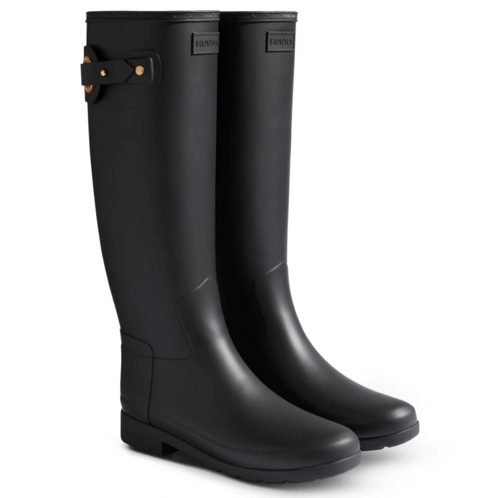Hunter Black Tall Rain Boots with Gold Accent